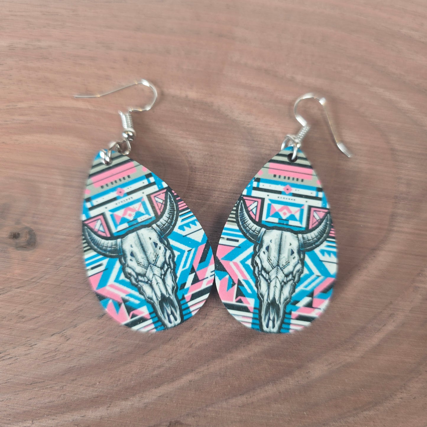 Cow Skull W Pink/Blue Aztec Background Earrings