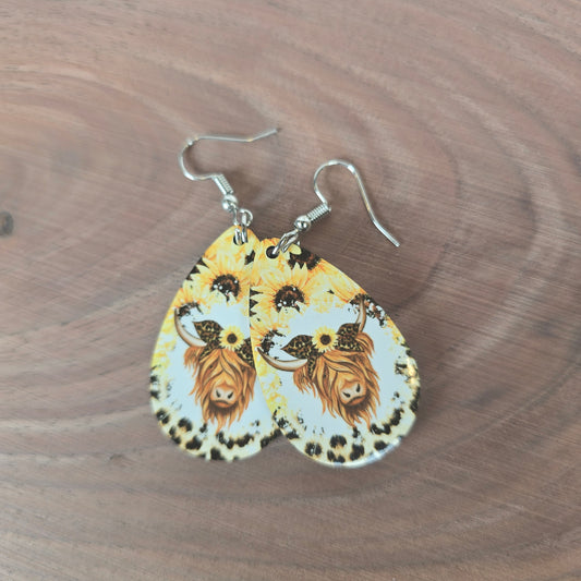Highland Cow with Sunflowers Earrings