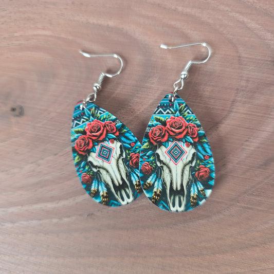 Cow Skull & Roses Earrings
