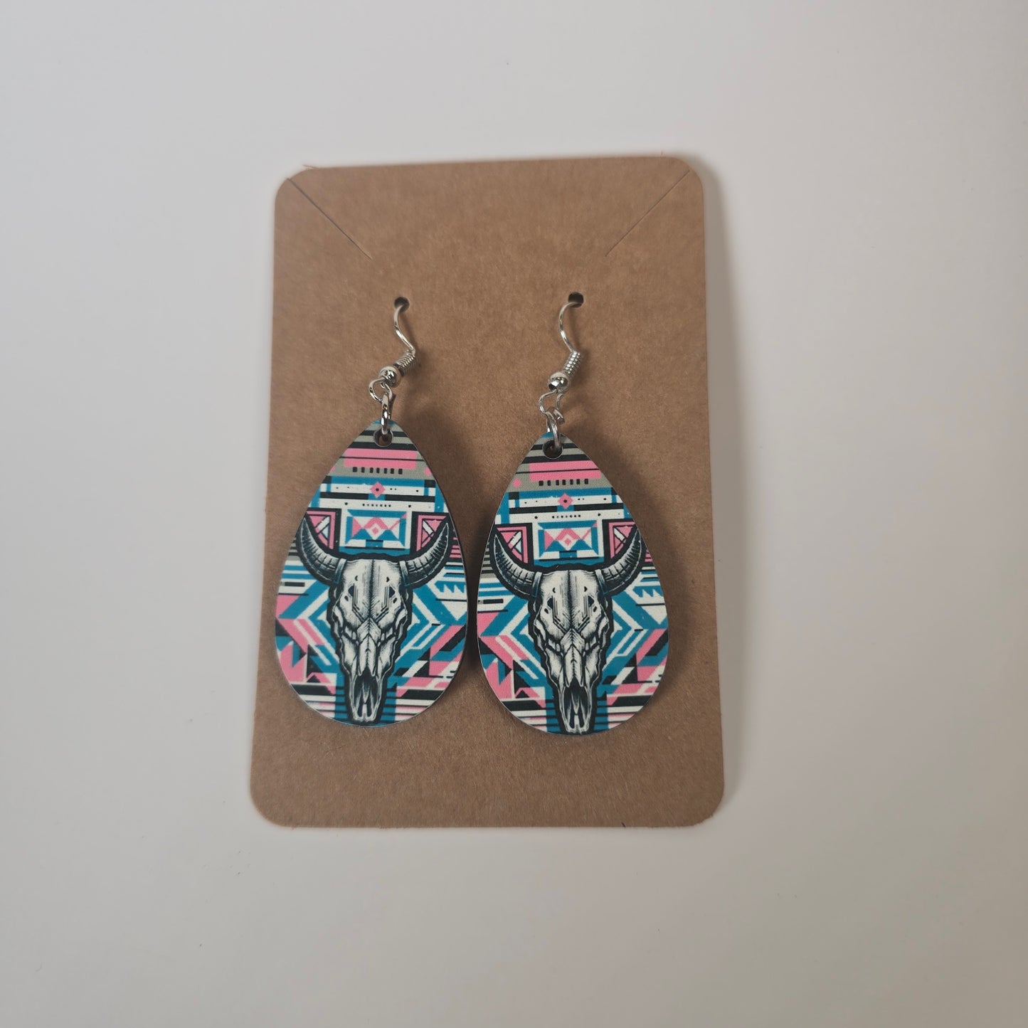 Cow Skull W Pink/Blue Aztec Background Earrings