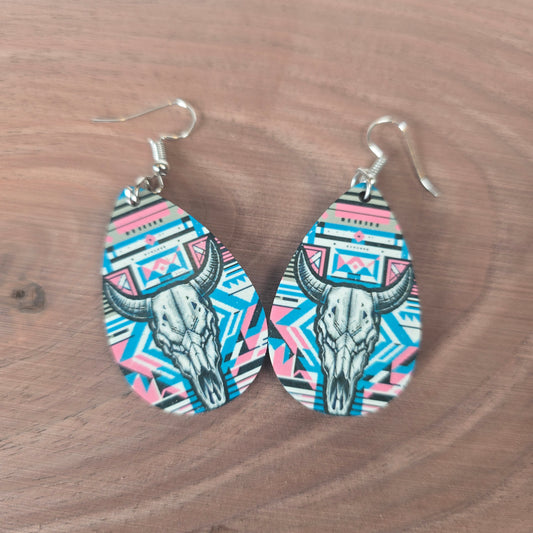 Cow Skull W Pink/Blue Aztec Background Earrings