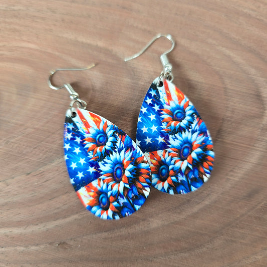 American Flag with RWB Sunflower Earrings